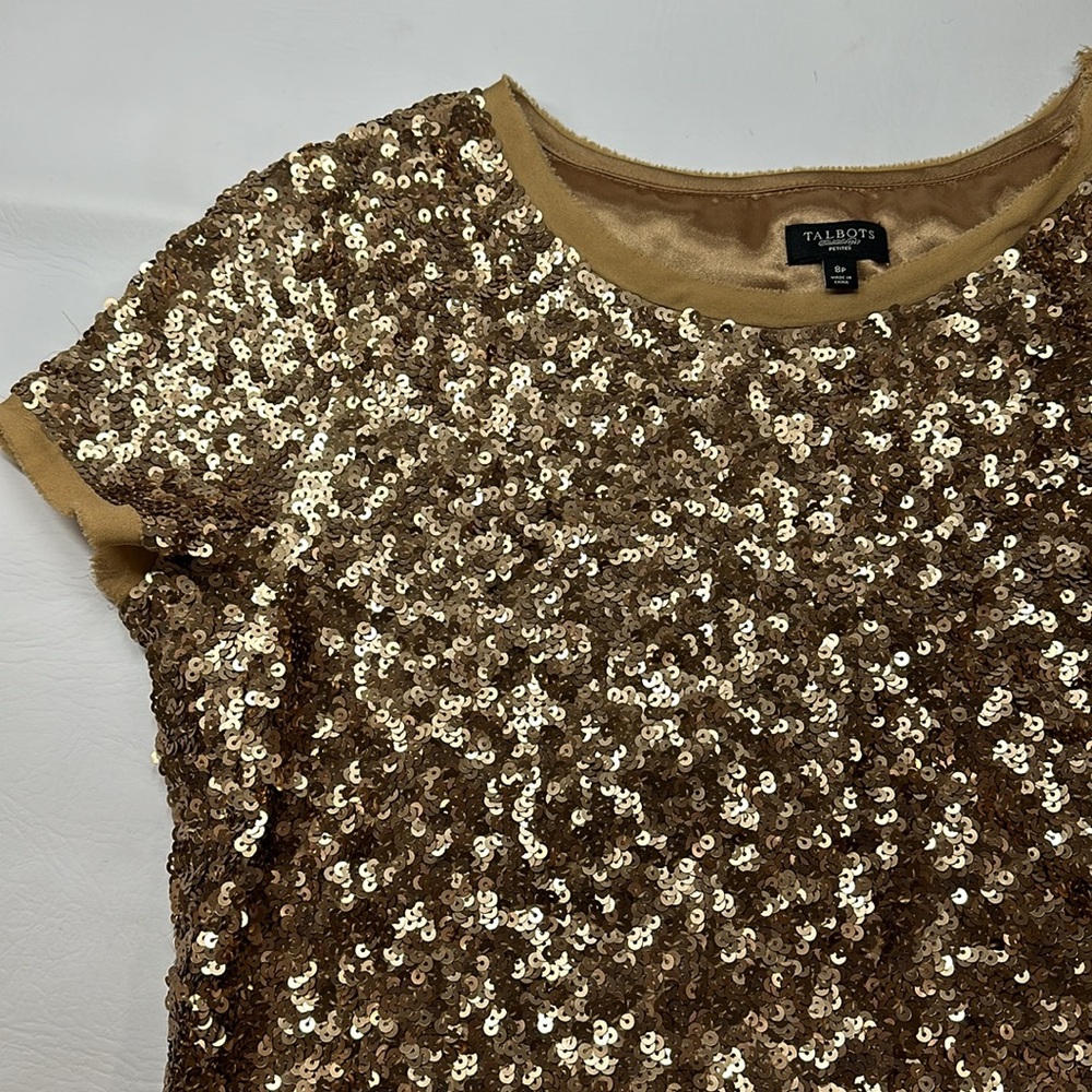Talbots gold sequin lined blouse short sleeve 8P - Picture 2 of 7